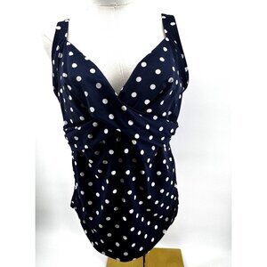 Lands’ End Wrap Underwire Tankini Swimsuit Top Deep Sea Navy Polka Dot 14DD